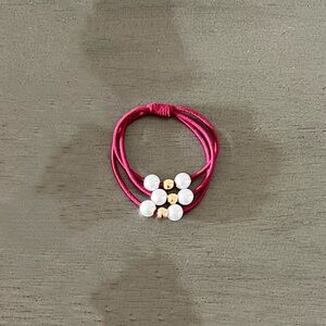 Raspberry Purple Pink White Pearl & Gold Bead Triple Elastic Bracelet Hair Tie